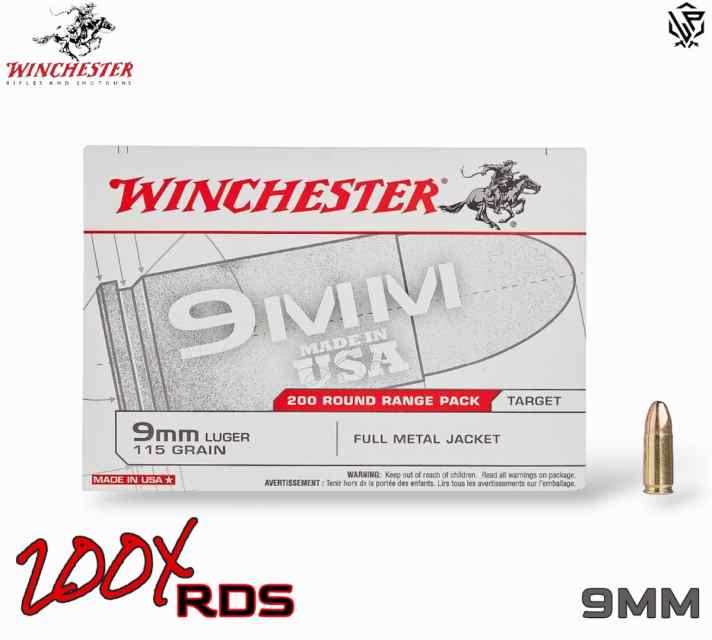 Winchester 9mm 115he FMJ AMMO - 200Rds